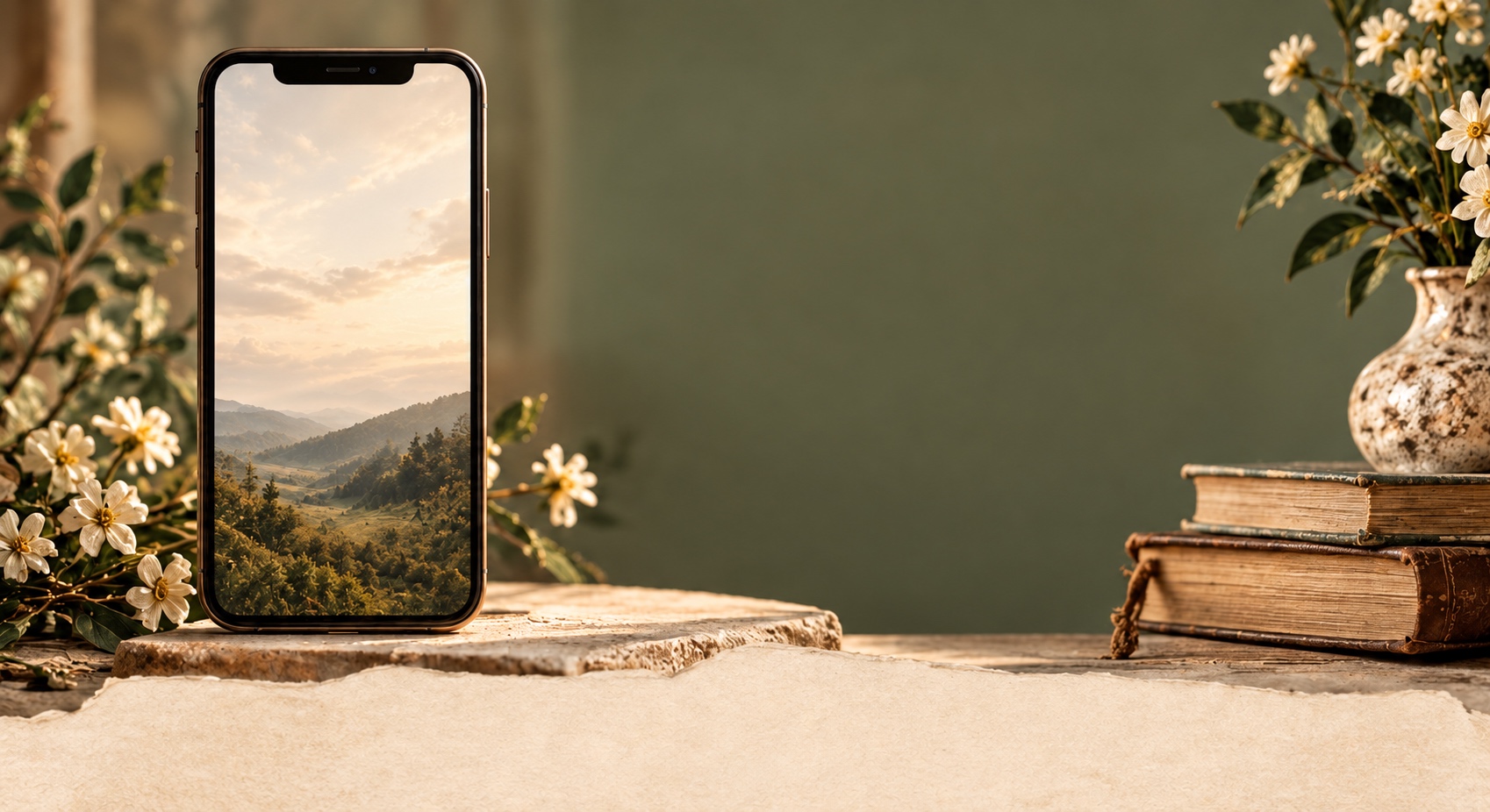 A phone on a stone plinth among flowers and antique books in warm light