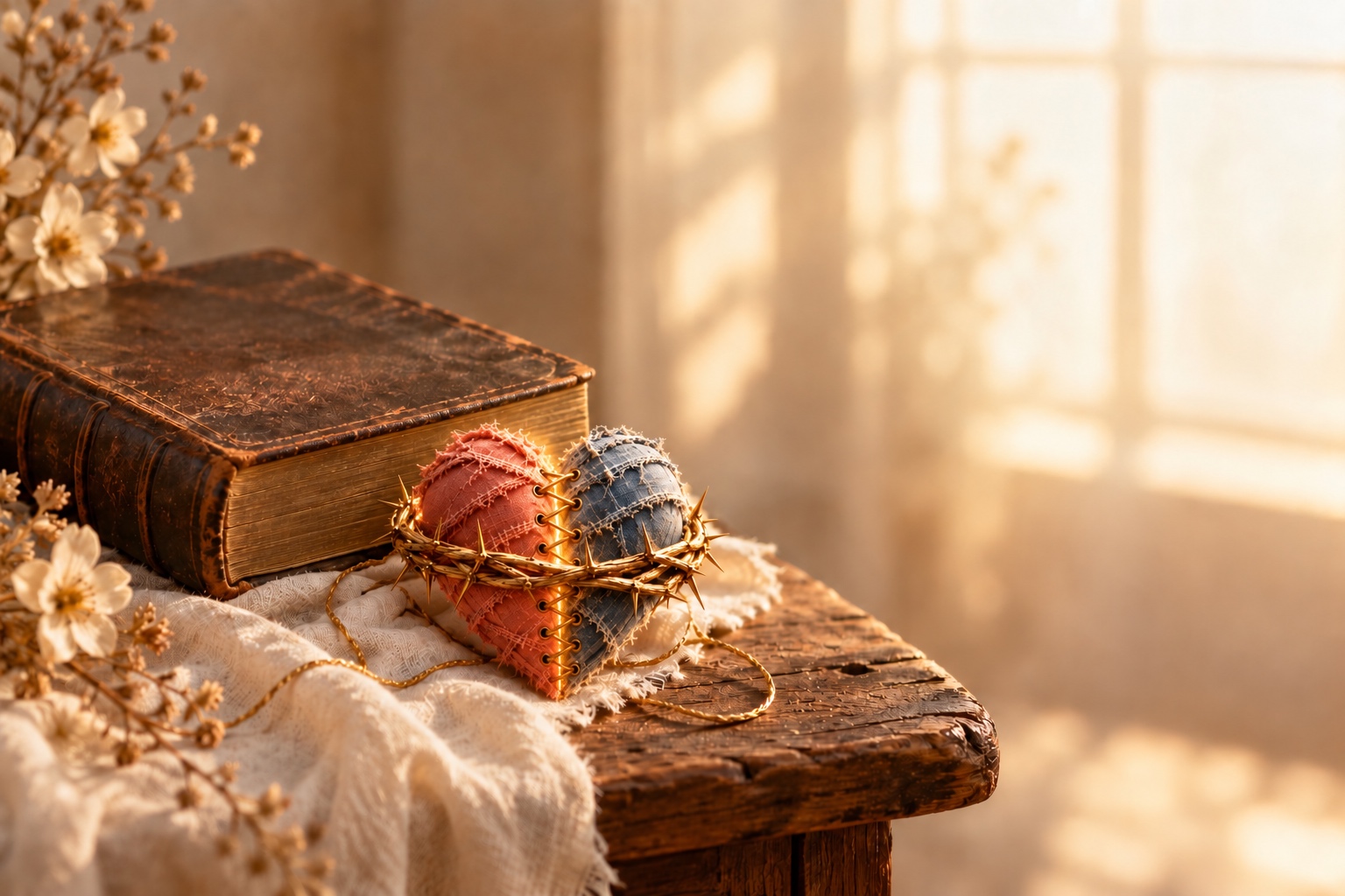A mended red and blue fabric heart beside a Bible in warm window light